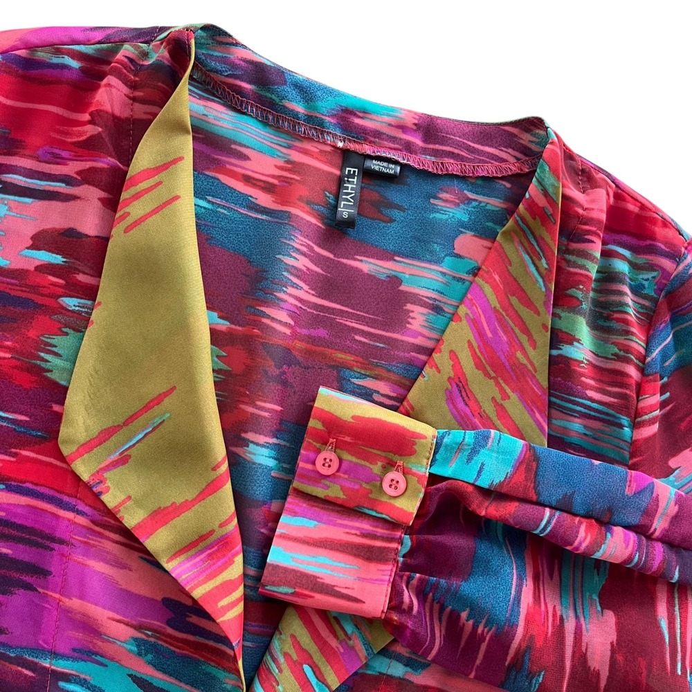 ETHYL Women's Sm Colorful Abstract Print Tie Front Sheer Blouse Cardigan Coverup